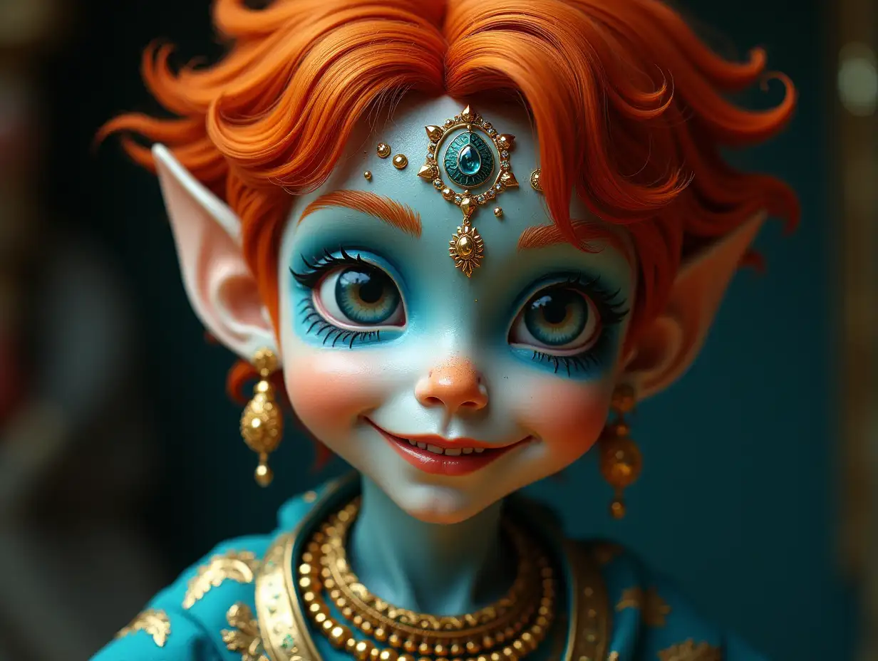 Young boy blue gold pattern Older fish with alien face, with red hair, with a slight smile on his face, highlights her smile, modern retro jewelry, in a temple many diamonds various shades 4k