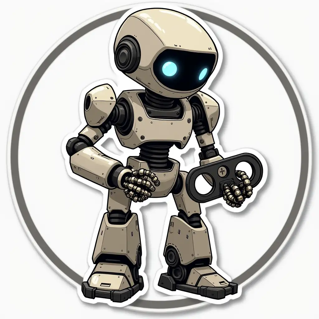 Create a square sticker 1:1 in the form of a robot, which is depicted holding or gathering spare parts, ensuring accurate proportionality and detailing of the robot and spare parts in a circular design