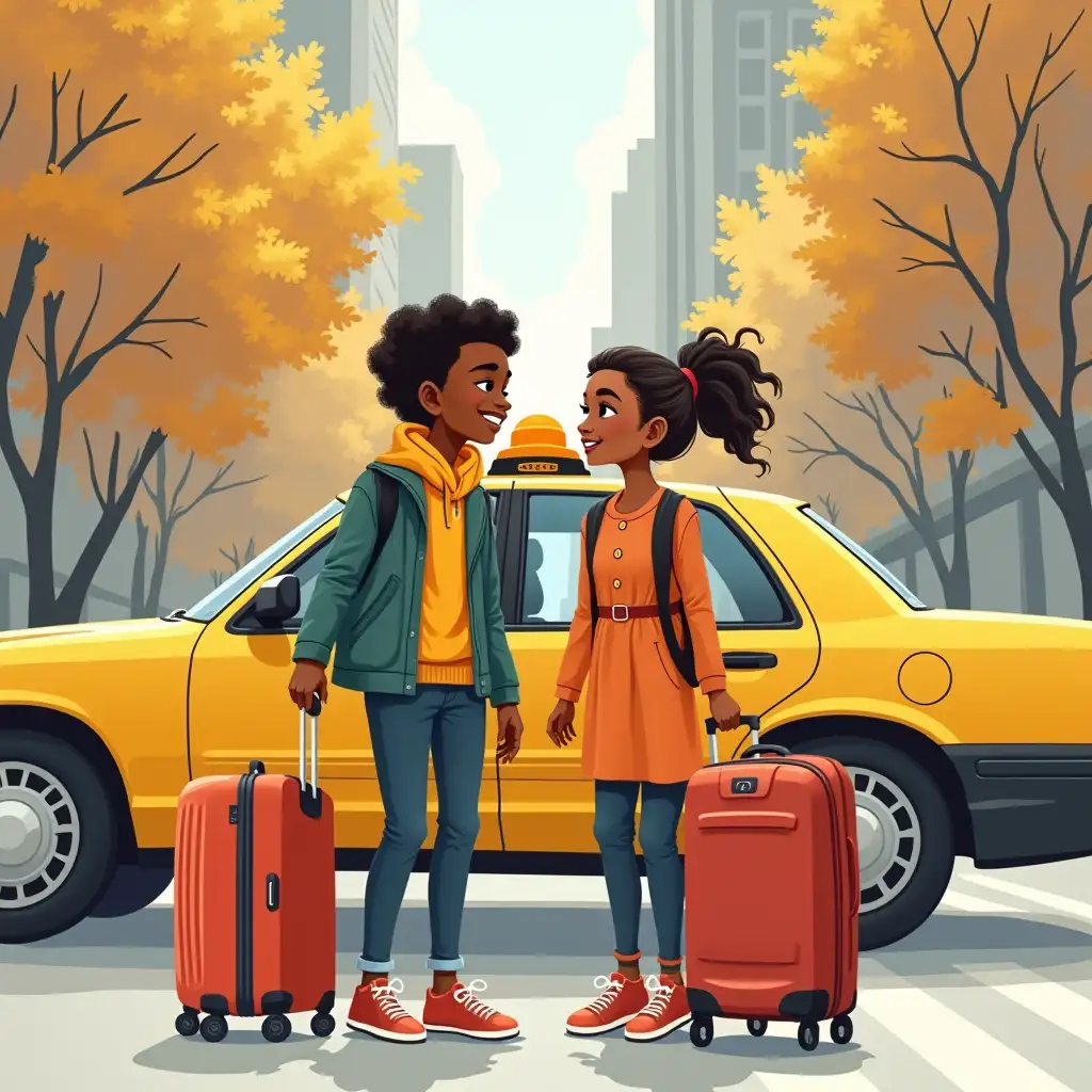 Black Family with Children Standing in Front of Yellow Cab in New York City