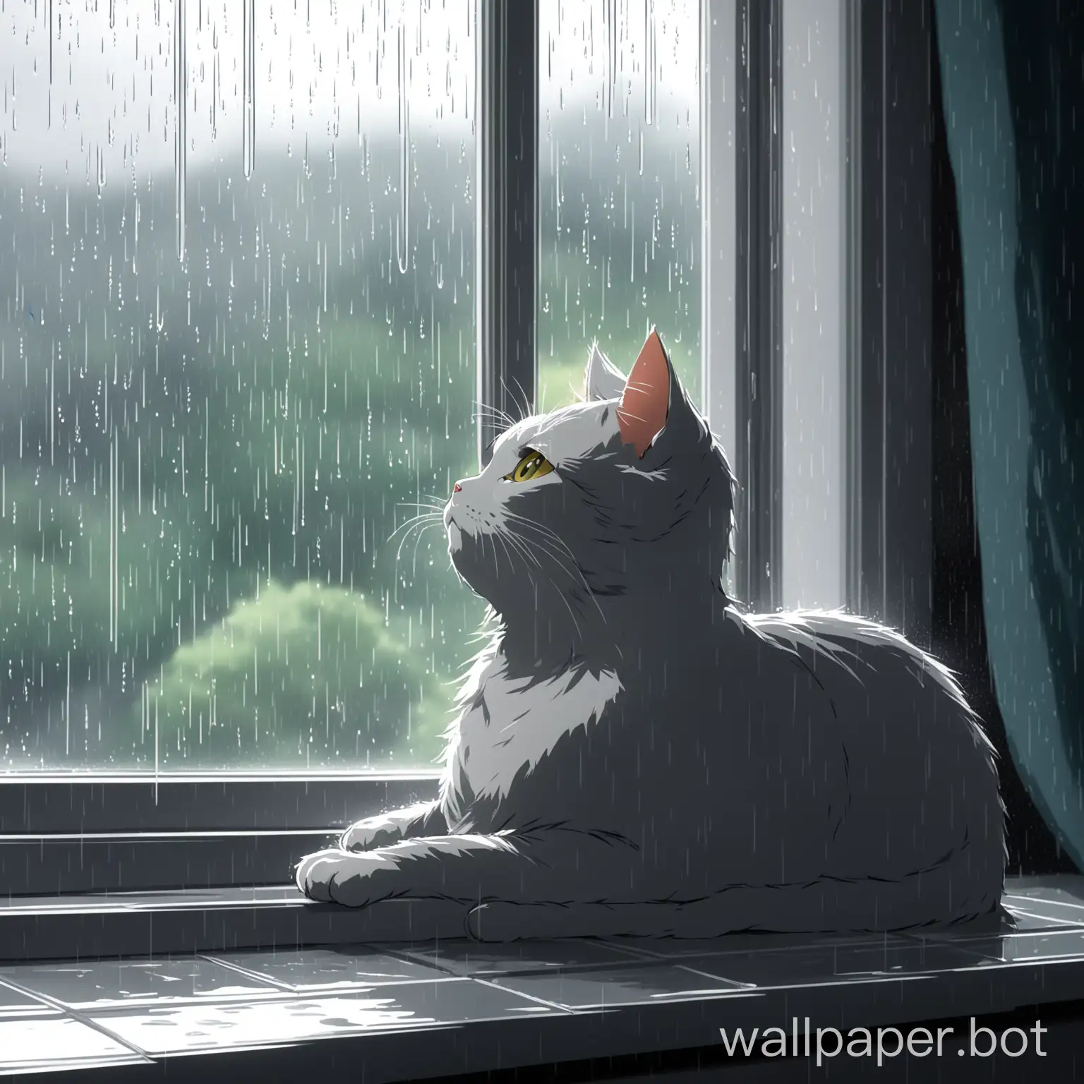 A cat relaxing by a window while it's raining outside