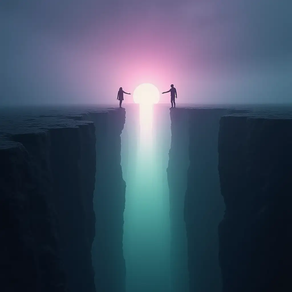 Man and Woman Reaching Across Vast Chasm in Ethereal Light