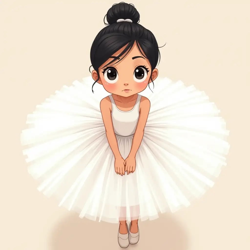 A high angle, full-length shot, cartoon and illustration of a young girl wearing a white ballet tutu. The tutu is a voluminous, loose skirt made of white tulle, which radiates outward in a wide circle. The tulle has a delicate, slightly translucent quality. The girl is centered in the frame and is wearing a leotard. Her black hair is pulled back in a bun. Her expression is serious and somewhat intense, looking directly at the camera, focusing the viewer's gaze on her.