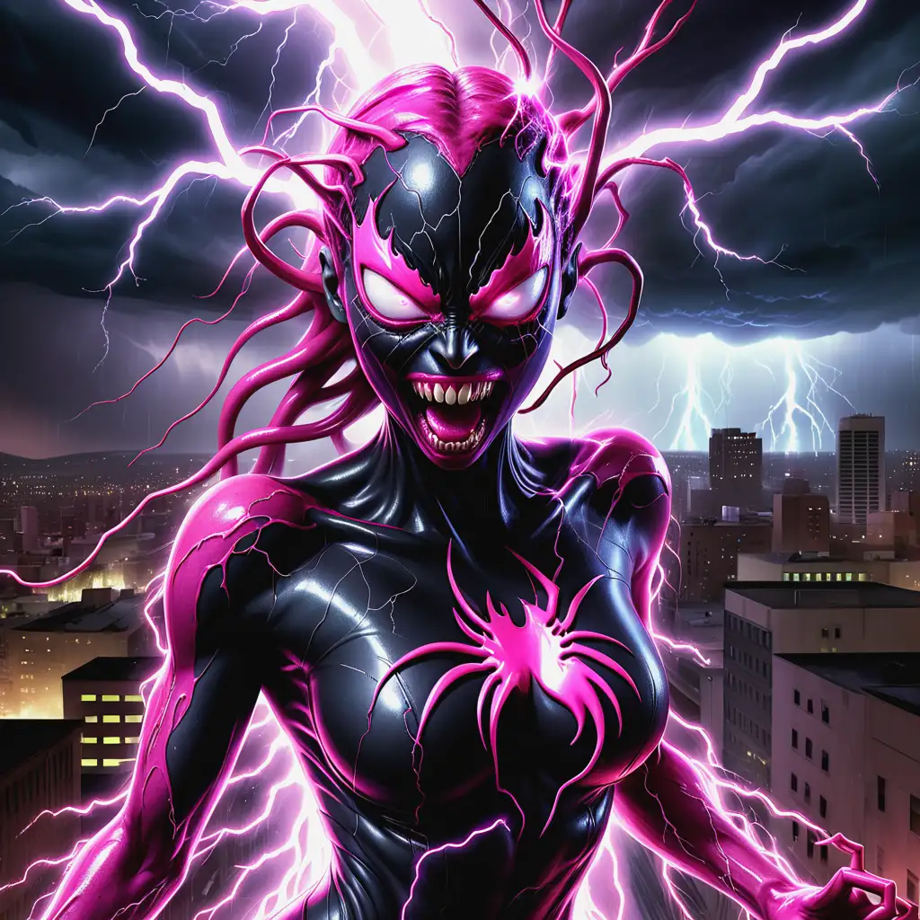 Agony, a sinister pink female symbiote with acid-dripping claws and electric energy coursing through her veins, eyes glowing as electricity sparks off her tendrils, surrounded by a stormy cityscape with lightning in the background, dark and powerful mood, High-detail illustration capturing electric and acidic textures, --ar 9:16 --v 5