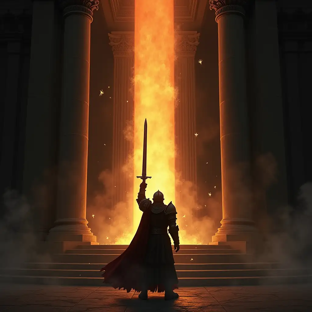 The knight stands in front of a grand altar with a glowing flame at its center. The knight’s sword is raised, protecting the flame from the encroaching darkness around them. The flame represents hope and perseverance in the face of challenges that seek to extinguish it.