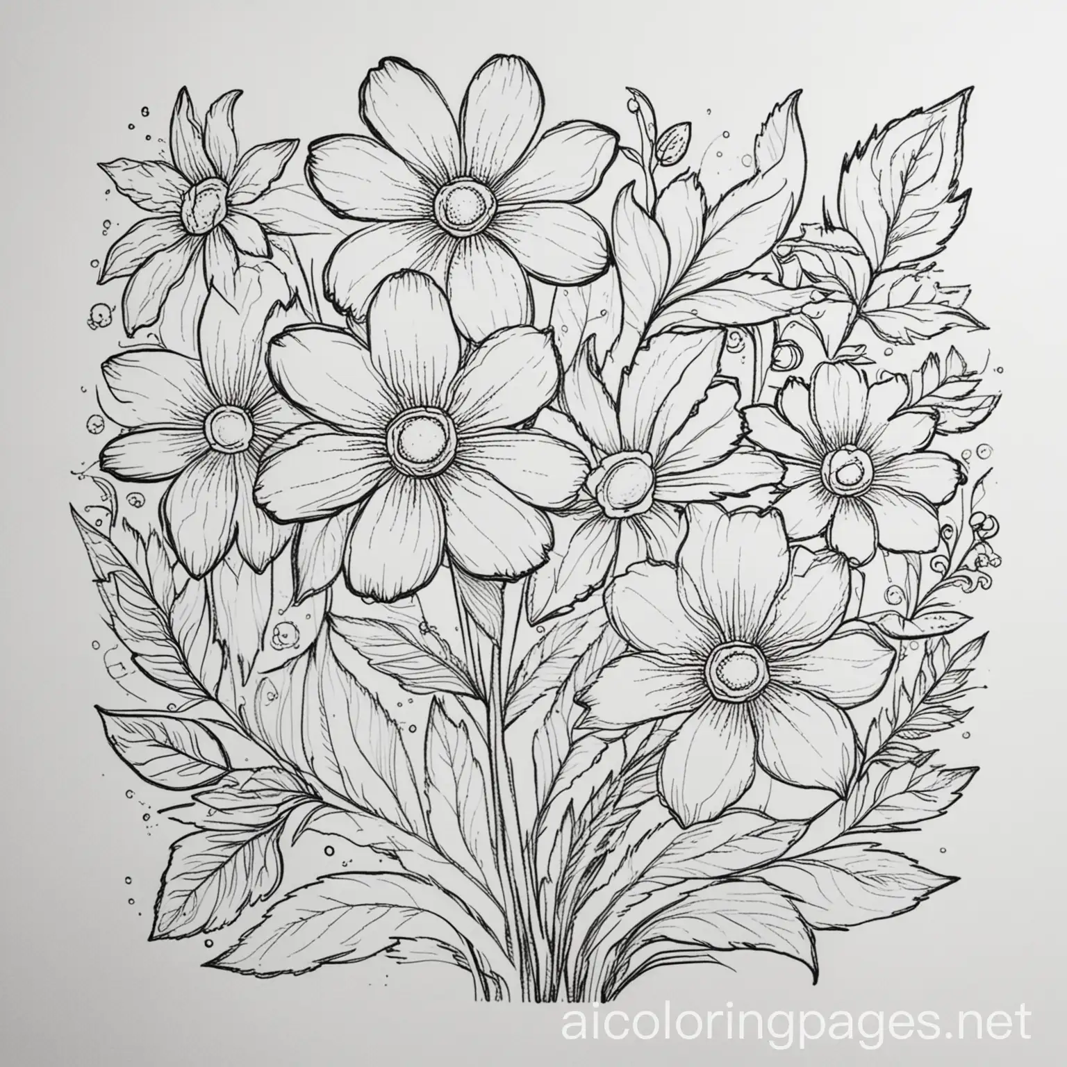 flowers, Coloring Page, black and white, line art, white background, Simplicity, Ample White Space. The background of the coloring page is plain white to make it easy for young children to color within the lines. The outlines of all the subjects are easy to distinguish, making it simple for kids to color without too much difficulty