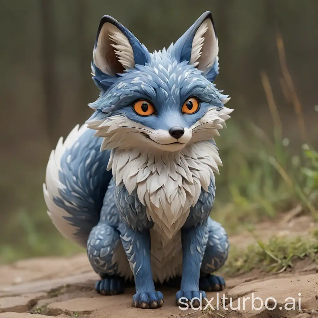 a three-tailed fox, blue, pattern on face, posing