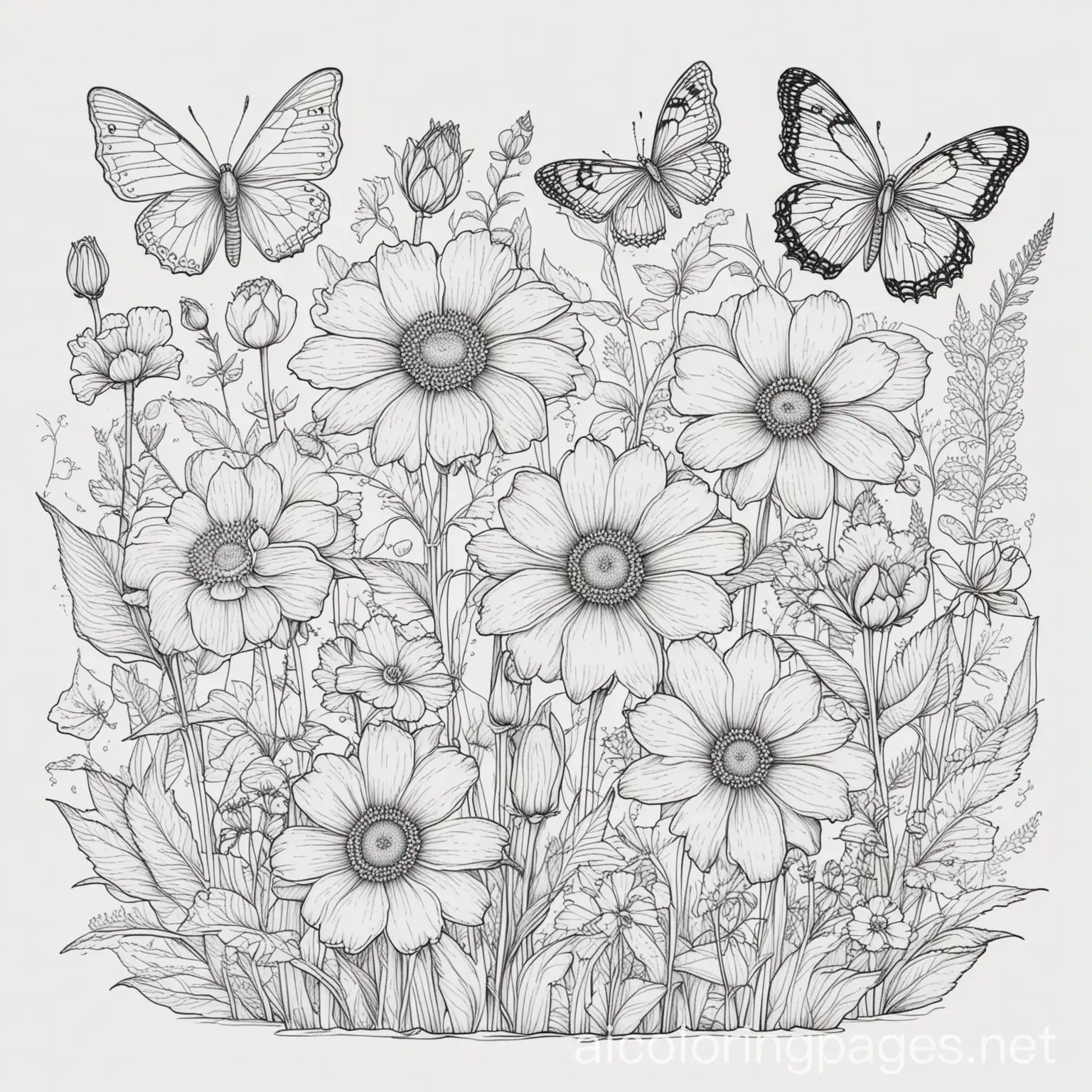 flowers from the field and butterflies, Coloring Page, black and white, line art, white background, Simplicity, Ample White Space. The background of the coloring page is plain white to make it easy for young children to color within the lines. The outlines of all the subjects are easy to distinguish, making it simple for kids to color without too much difficulty