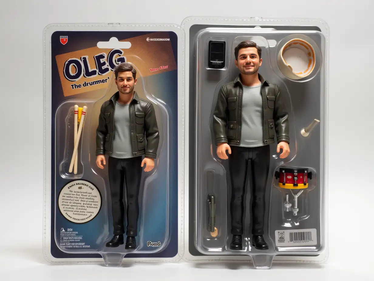 Use this photo of me to create an action figure of myself in a blister pack, in the style like a premium collectible toy. The figure should be standing up and have a relaxed, friendly smile. The blister pack should have a header with the text ‘OLEG’ in large letters and a subheading of ‘The drummer’ below it. Include accessories in compartments to the side of the figure: a phone, drumsticks, and a toy drum kit