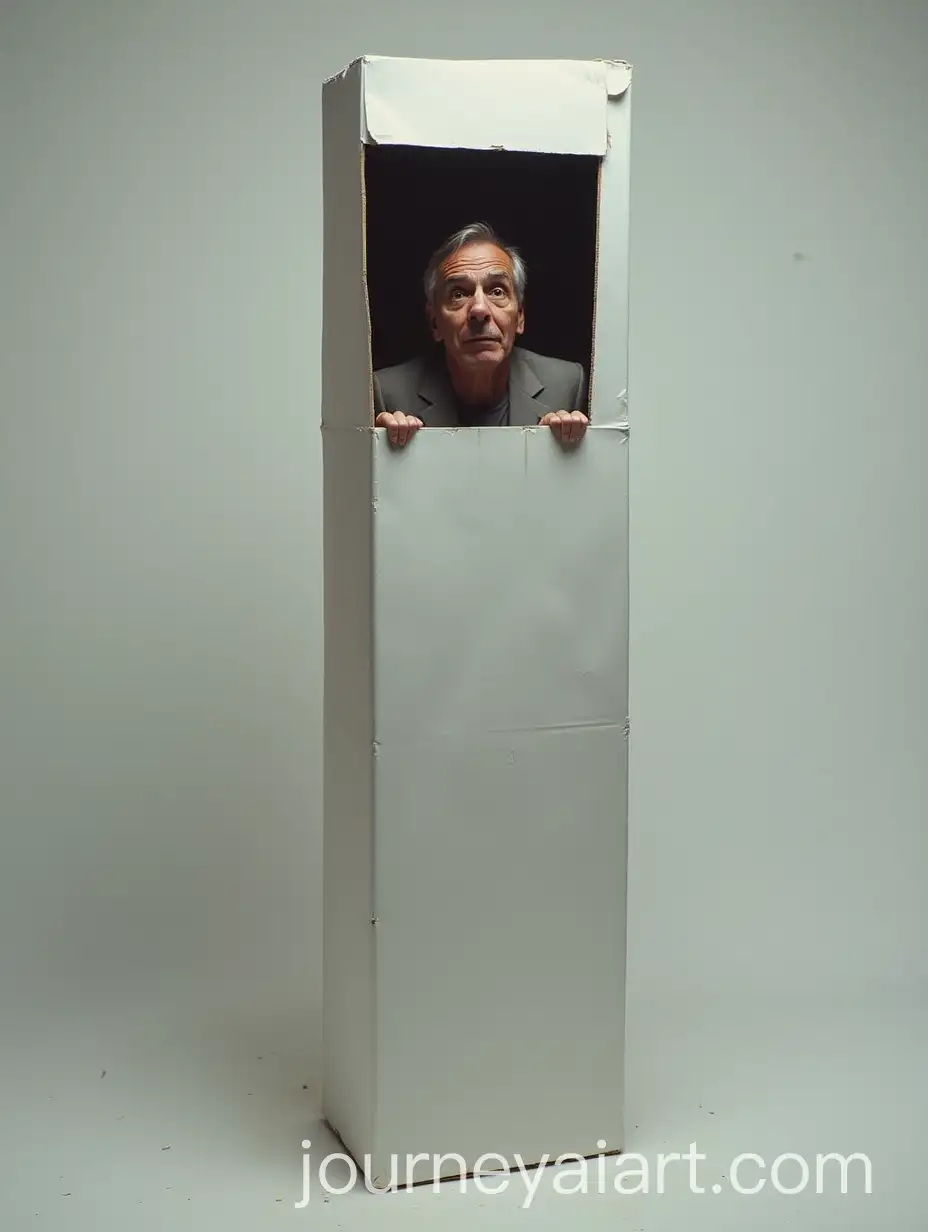 Man-Confined-in-Narrow-White-Delivery-Box-Feeling-Isolated-and-Curious