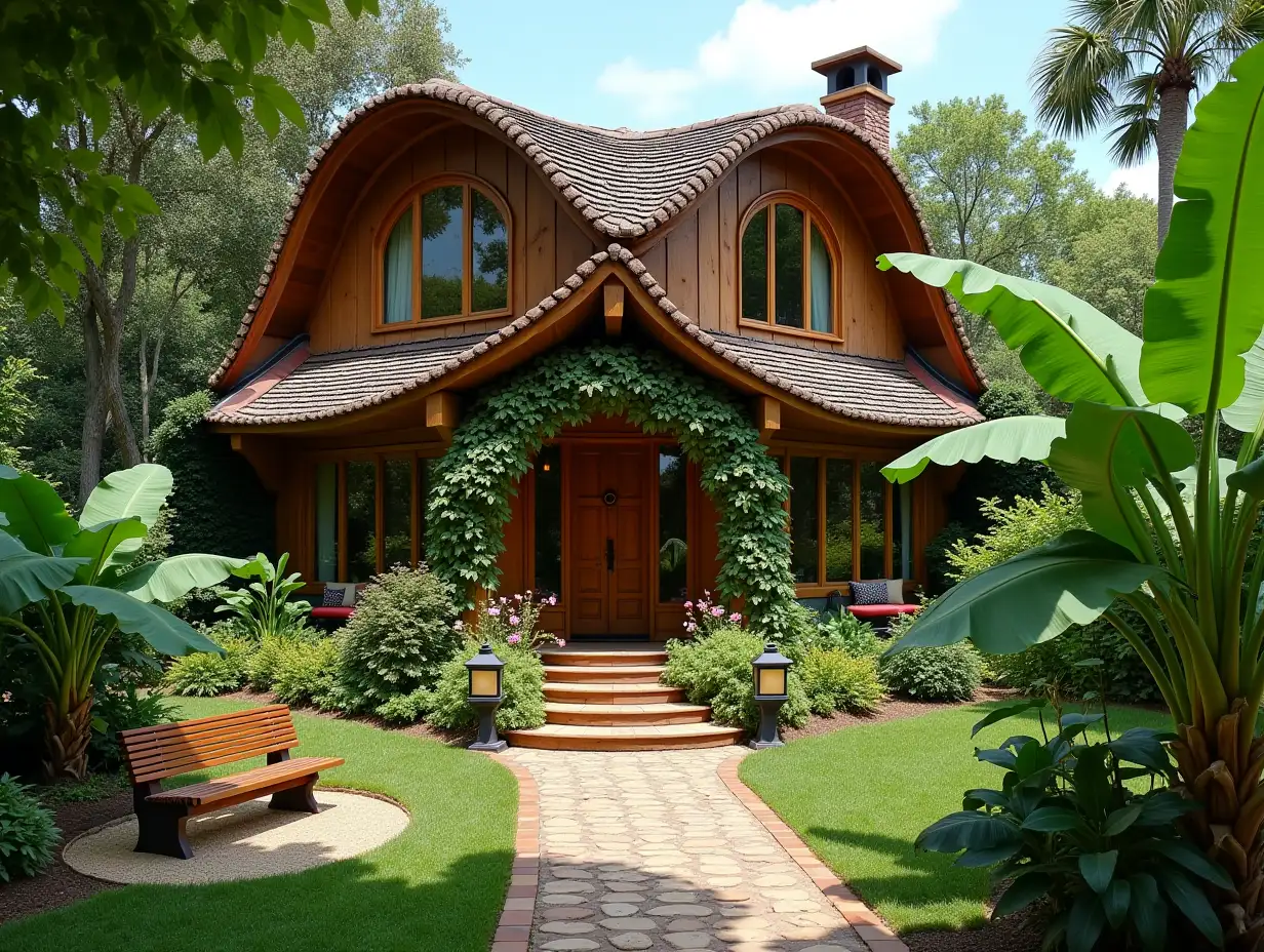 crooked House Garden planting-with wood Stuck, large Windows with Glas to, curved, smooth Window shapes, winding big Entrance steps from Wood Waterfall, Bananas plant complex curved Roof,Lanterns,Bench Apple tree 4K resolution bright Colorful superWide-angle shots