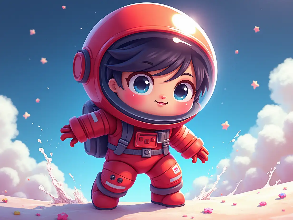 Game icon cute little astronaut in red spacesuit, digital drawing, bright vivid juicy, water splashes, beautiful background