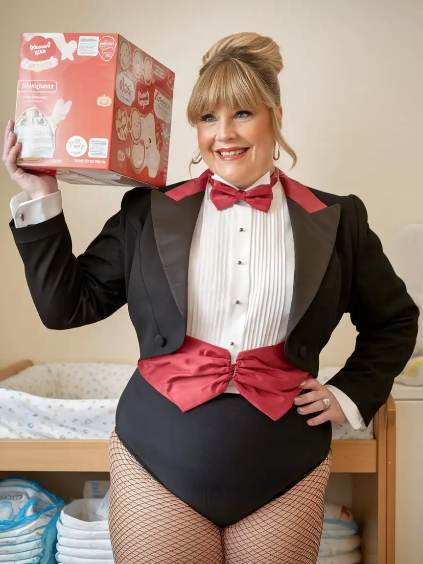 Smiling-MiddleAged-Woman-in-Formal-Concert-Tuxedo-with-Huggies-Box