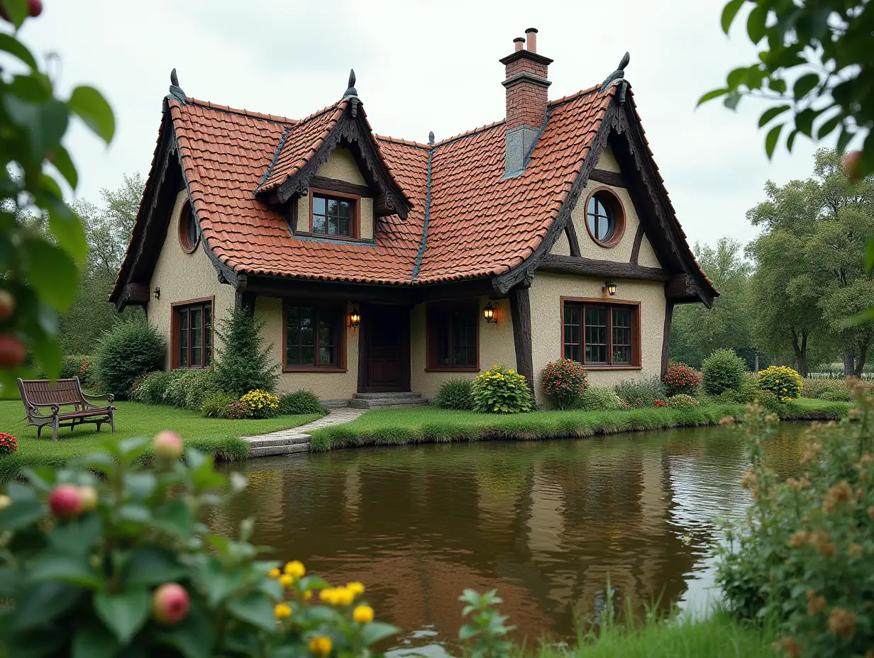 crooked house on a field with plantations pond in the garden plants-stone sculpture in the form of,large windows with glass, round window shapes, brick roof,Lanterns,Bench apple tree 4K resolution Colorful wide-angle shots