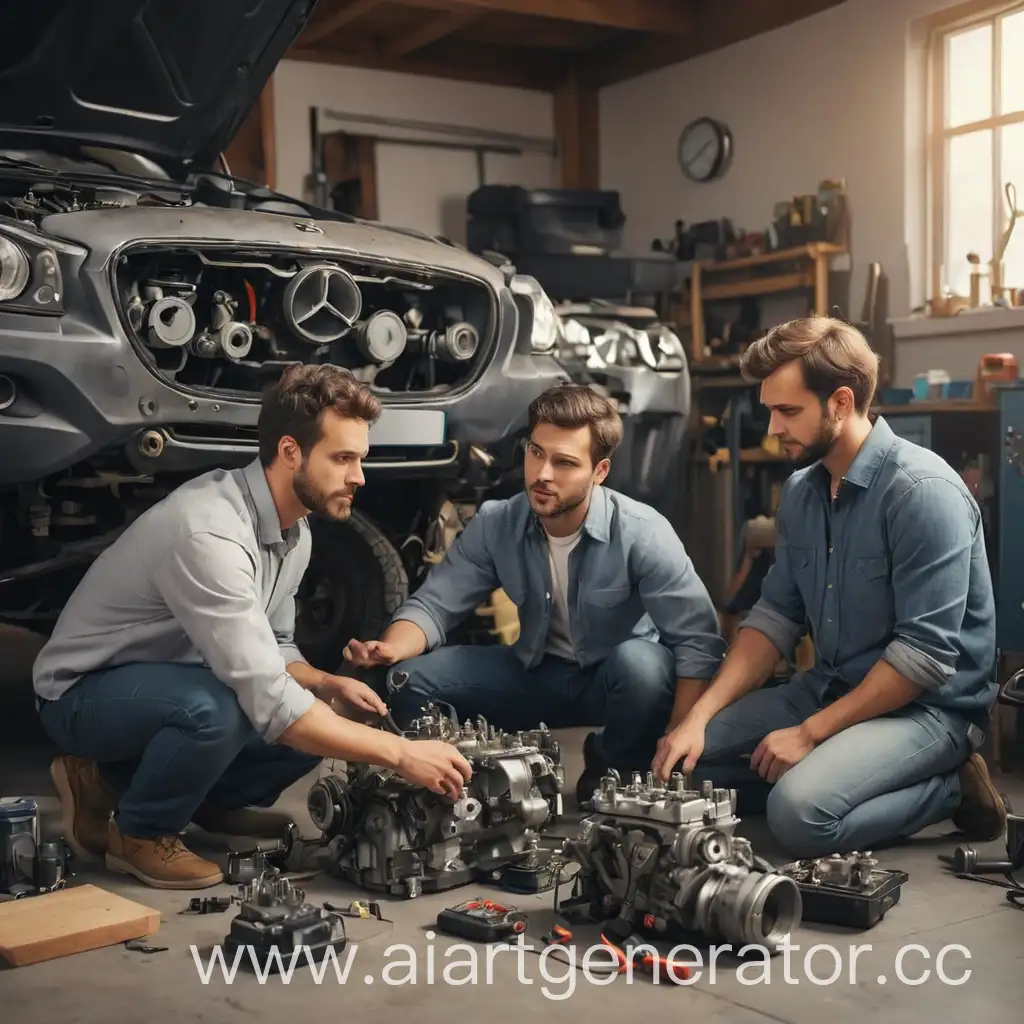 machines and person at home having productive conversation together. They are solving a problem in repairing an car engine