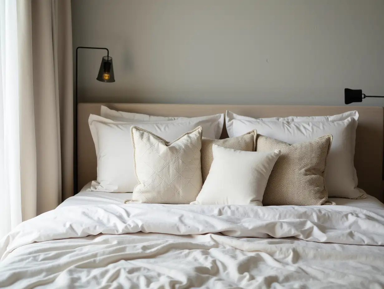 Soft cushions on cozy vintage bed by concrete wall