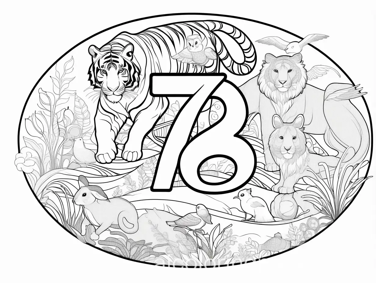 Number-78-Coloring-Page-with-Animals-Tiger-Snake-Bird-Rabbit