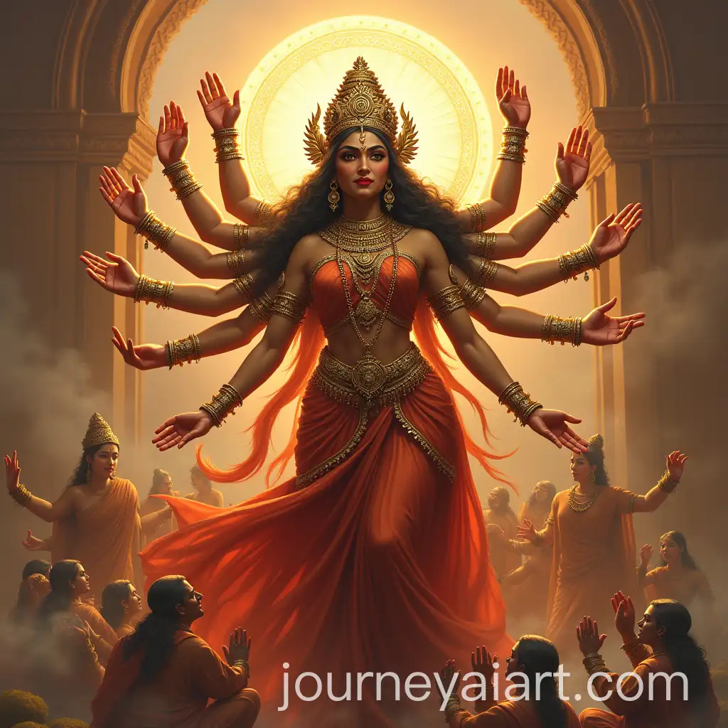 Goddess-Durga-in-Fierce-and-Beautiful-Form-with-18-Hands-and-Bowing-Gods