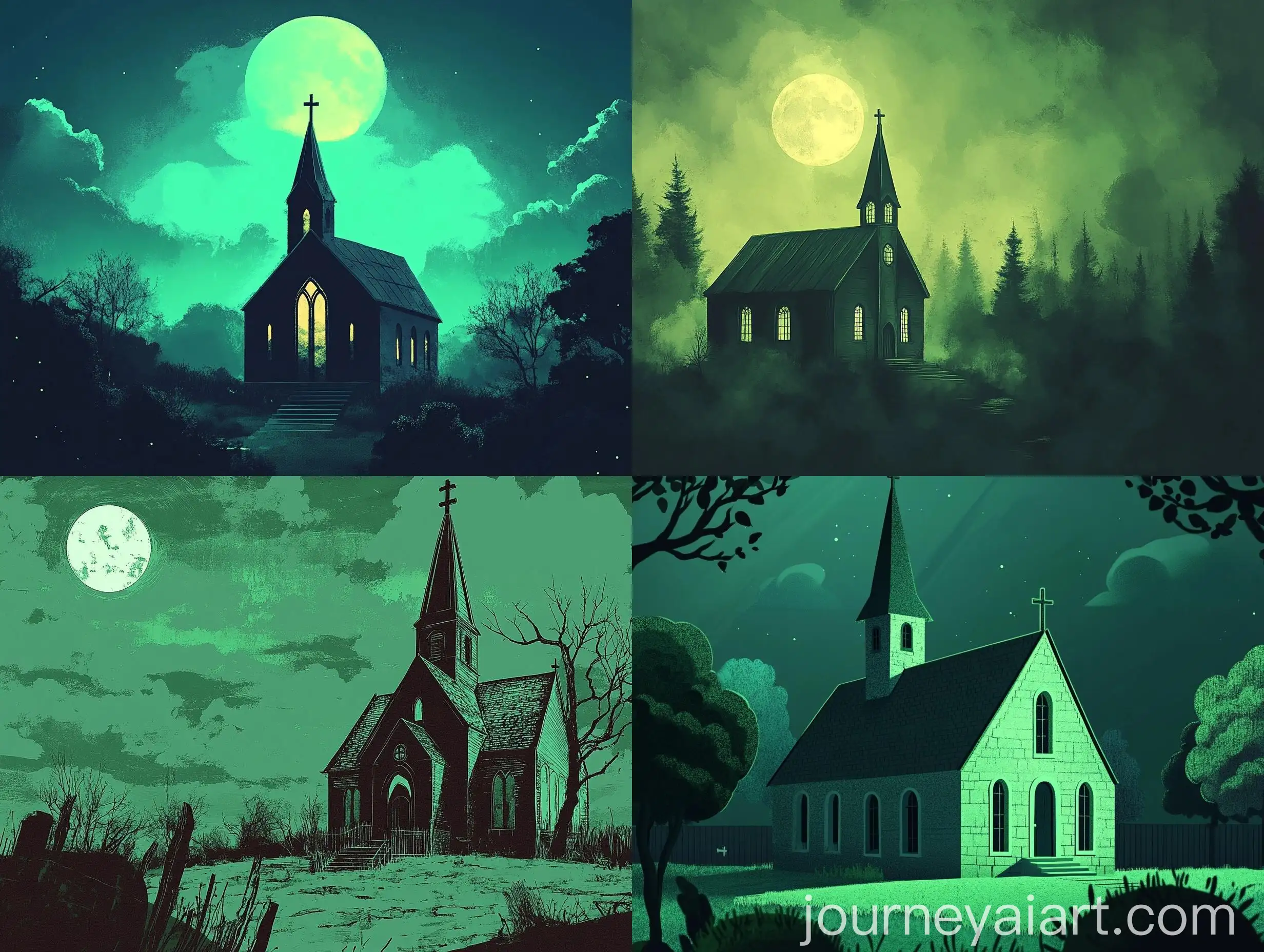 Indie-Church-Illustration-with-Dark-Vibe-and-Green-Chroma-Key-Background