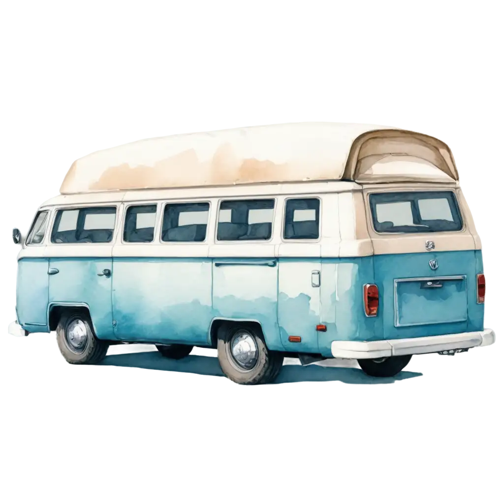 Watercolor-Cartoon-Vintage-Blue-Volkswagen-Camper-Van-PNG-Retro-1960s-Adventure-Vehicle-Illustration