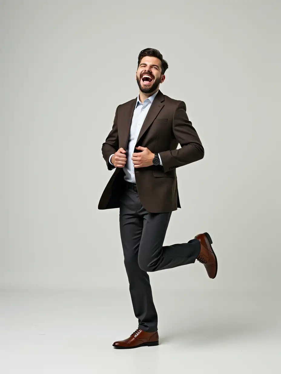 A very happy man, wearing a coat and pants. Pulling his hands towards his waist in a cheering posture and raising one of his legs