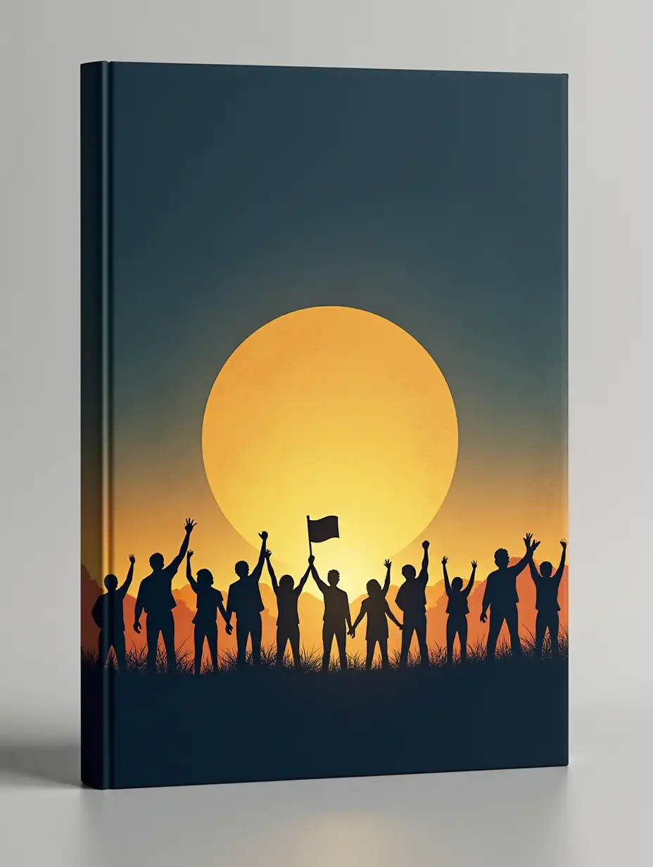 Design includes a gradient background transitioning from dark blue to gold, symbolizing the path to independence. The front cover features silhouettes of protesting students against a rising sun, symbolizing hope. The back cover continues the gradient theme with a light historical texture. The overall design is clean, minimalistic and historically significant, with a professional and polished look. Style: minimalistic, historical, clean