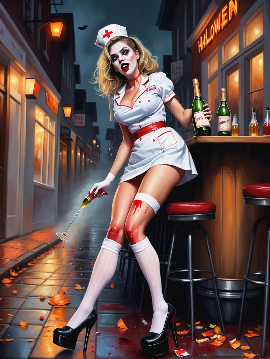 Tipsy-Woman-in-Short-Halloween-Nurse-Costume-on-Bar-Street-During-Halloween-Night