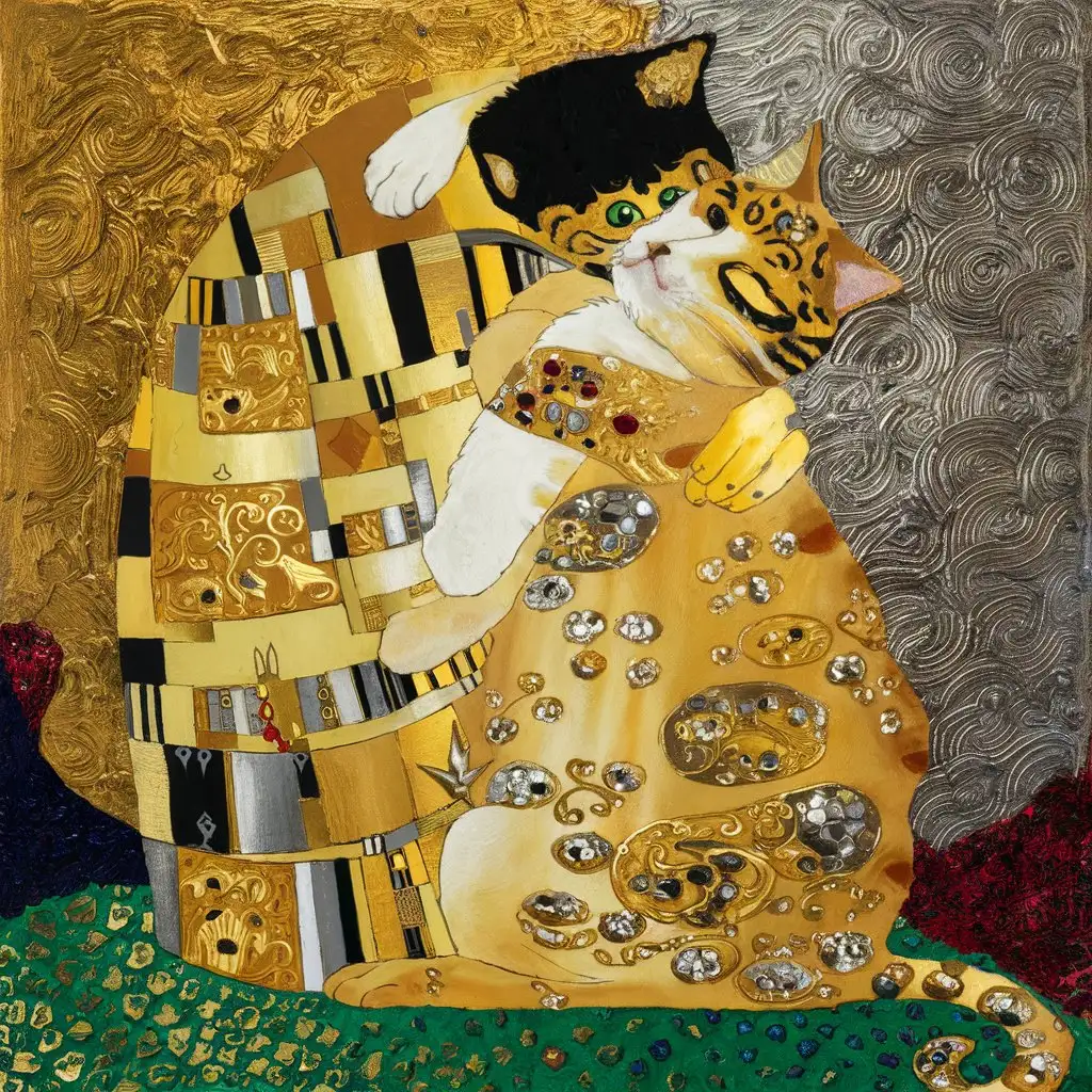 Two Cats in the Style of Gustav Klimts Kiss Painting