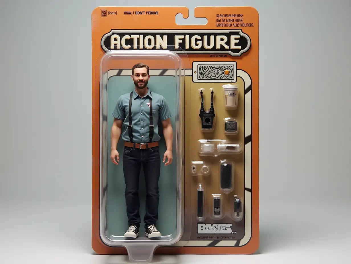 Use this photo of me to create an action figure of myself in a blister pack, in the style like a premium collectible toy. The figure should be standing up and have a relaxed, friendly smile. The blister pack should have a header with the text ‘[ACTION FIGURE NAME]’ in large letters and a subheading of ‘[SUBHEADING]’ below it. Include accessories in compartments to the side of the figure: [LIST OF ACCESSORIES].
