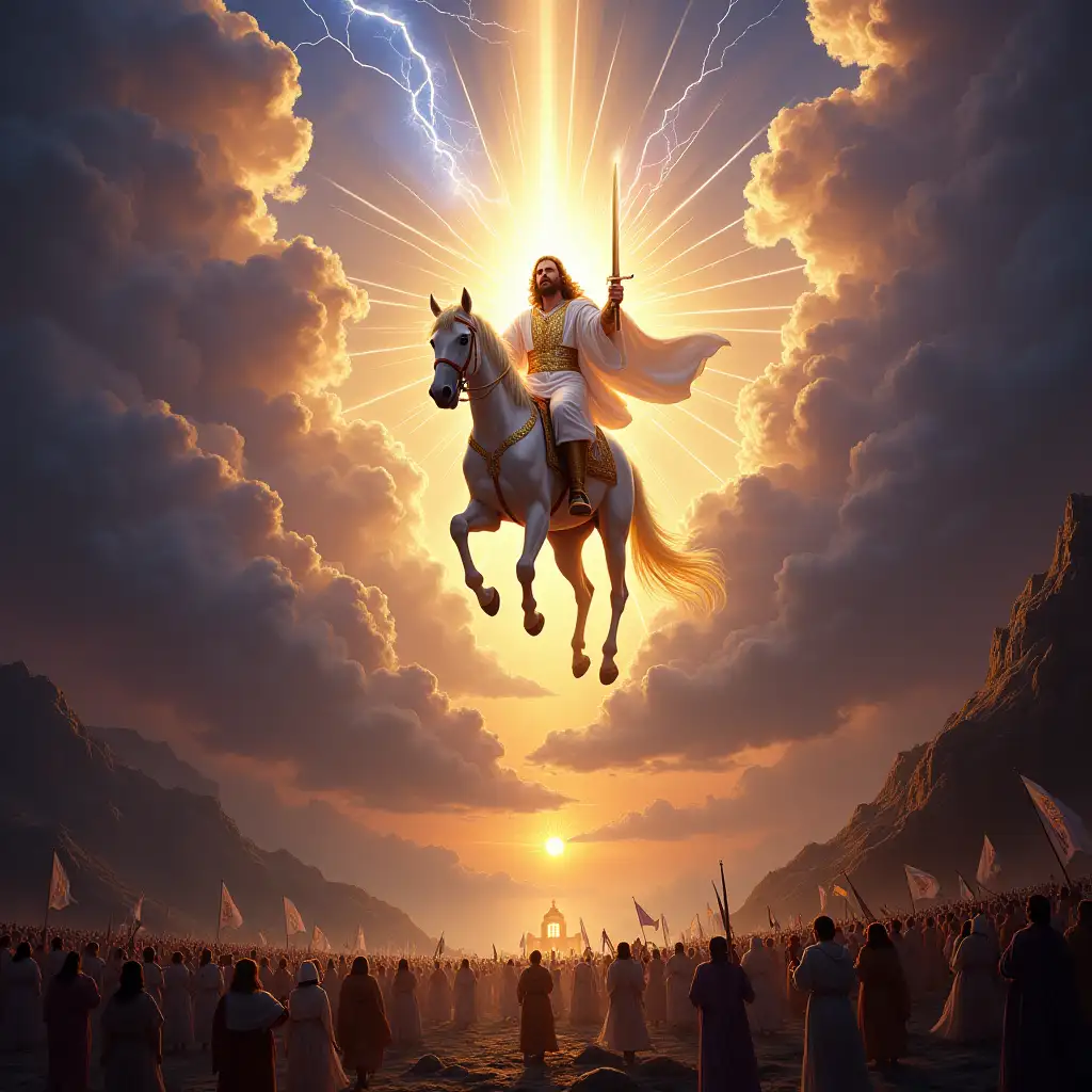 A magnificent celestial scene depicting Yahusha, the returning King, descending from the heavens on a brilliant white horse. He is adorned in a radiant white robe with gold embroidery, and His eyes glow like fire. A golden crown rests upon His head, and His sword of light shines with divine energy. The sky is split open, revealing heavenly armies of warrior angels in shining armor, carrying banners with sacred symbols. Thunder and lightning crackle across the sky as the clouds part, illuminating the golden gates of Zion in the distance. Below, the earth trembles, and a vast army of believers in white garments stand on a mountain, lifting their hands in worship. The forces of darkness, shadowy and defeated, are seen retreating into the abyss. The colors are dramatic and powerful—deep purples and blues in the sky, golden beams of divine light piercing through the clouds, and a glowing horizon symbolizing the dawn of Yahuah’s eternal kingdom. The art style should be epic, highly detailed, and cinematic, resembling a grand oil painting with realistic textures and a slightly supernatural glow.