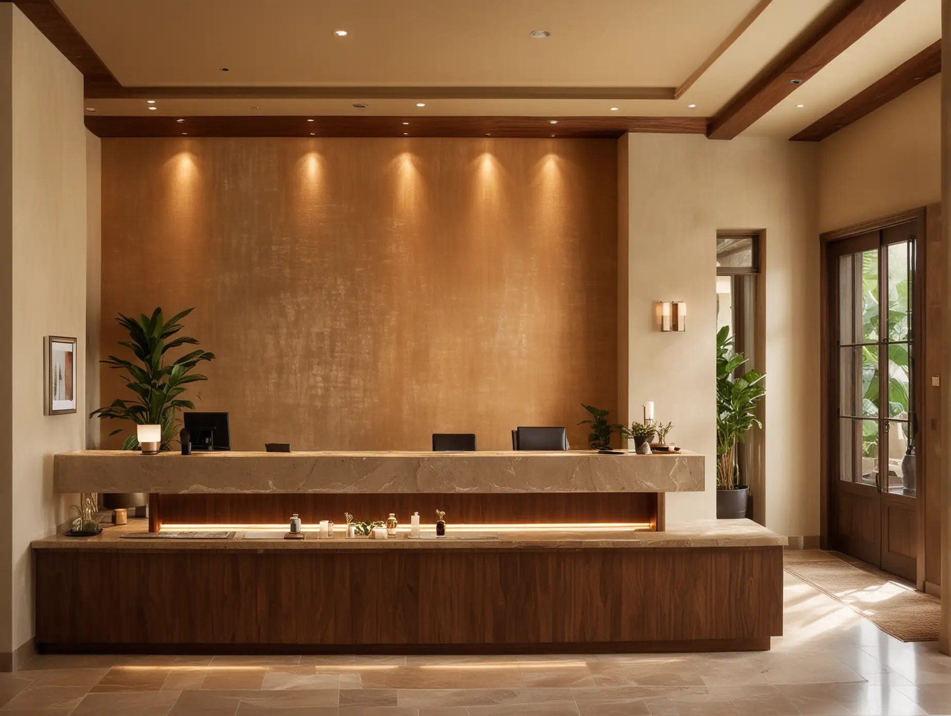 A view of the front desk lobby of a resort spa  embodying sustainable beauty practices.  Warmth and ambiance. Soft lighting highlights textures and colors, creating a serene atmosphere for self-care moments.