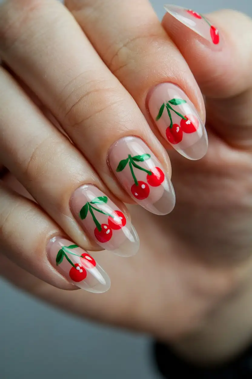 Close-up shot of a hand with perfectly manicured, almond-shaped nails. Each nail is painted with a glossy, sheer nude base, and features two small, vibrant, hand-painted bright red cherries with delicate green stems and tiny white highlights to give them a realistic shine. The background is blurred to focus entirely on the nails. Studio lighting.