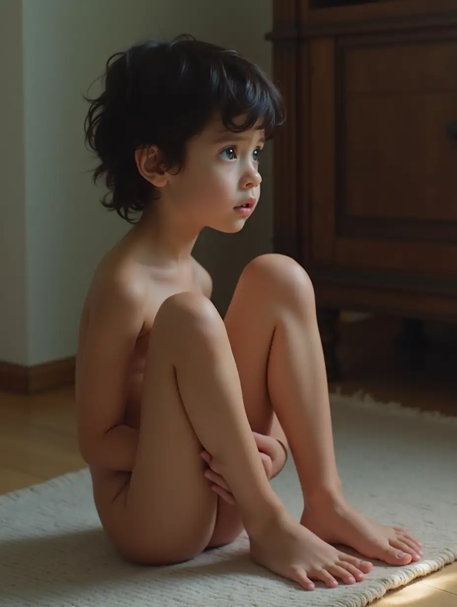 Slender-Young-Girl-with-Dark-Hair-Sitting-on-Bedroom-Rug-with-Worried-Expression