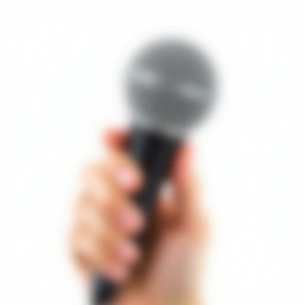 Hand holding Microphone, microhpone with silver grill and black body, hand posing diagonally, white background