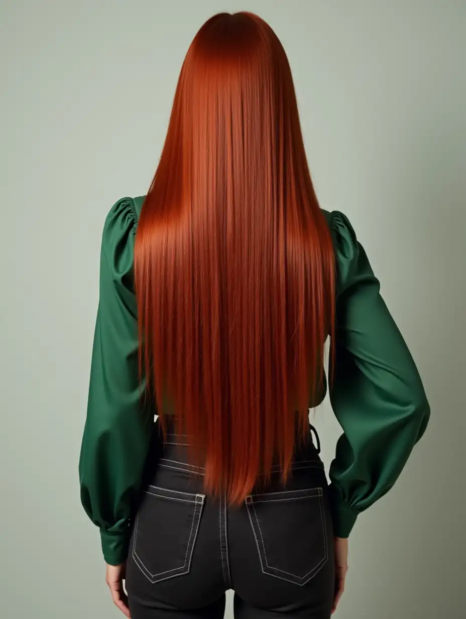 A women with green blouse, black jeans, and super long silky shiny straight red hair on the back (classic length)