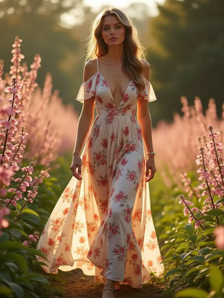 Stylish-Model-in-Floral-Maxi-Dress-Walking-Through-Blooming-Spring-Garden