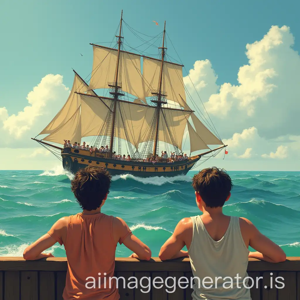 Ralph-and-Jack-Beach-Encounter-Dynamic-Friendship-in-Lord-of-the-Flies staring at the sea watching an old classic Sails ship with lots of big and small sails and four masts The ship is coming to rescue boys and their girlfriends are waving cheerfully leaning over deck guardrails
