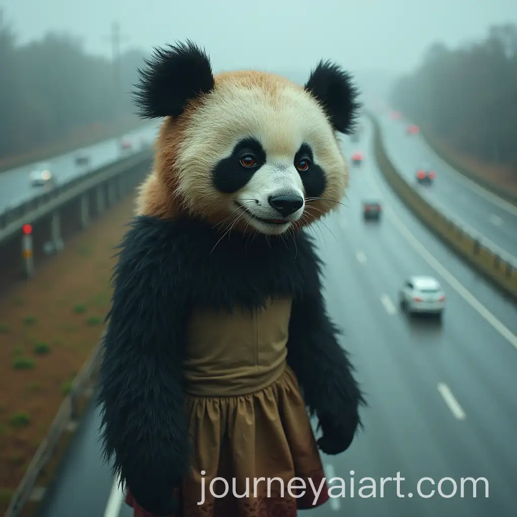 Disheveled-Panda-in-Worn-Makeup-Standing-by-a-Rainy-Highway