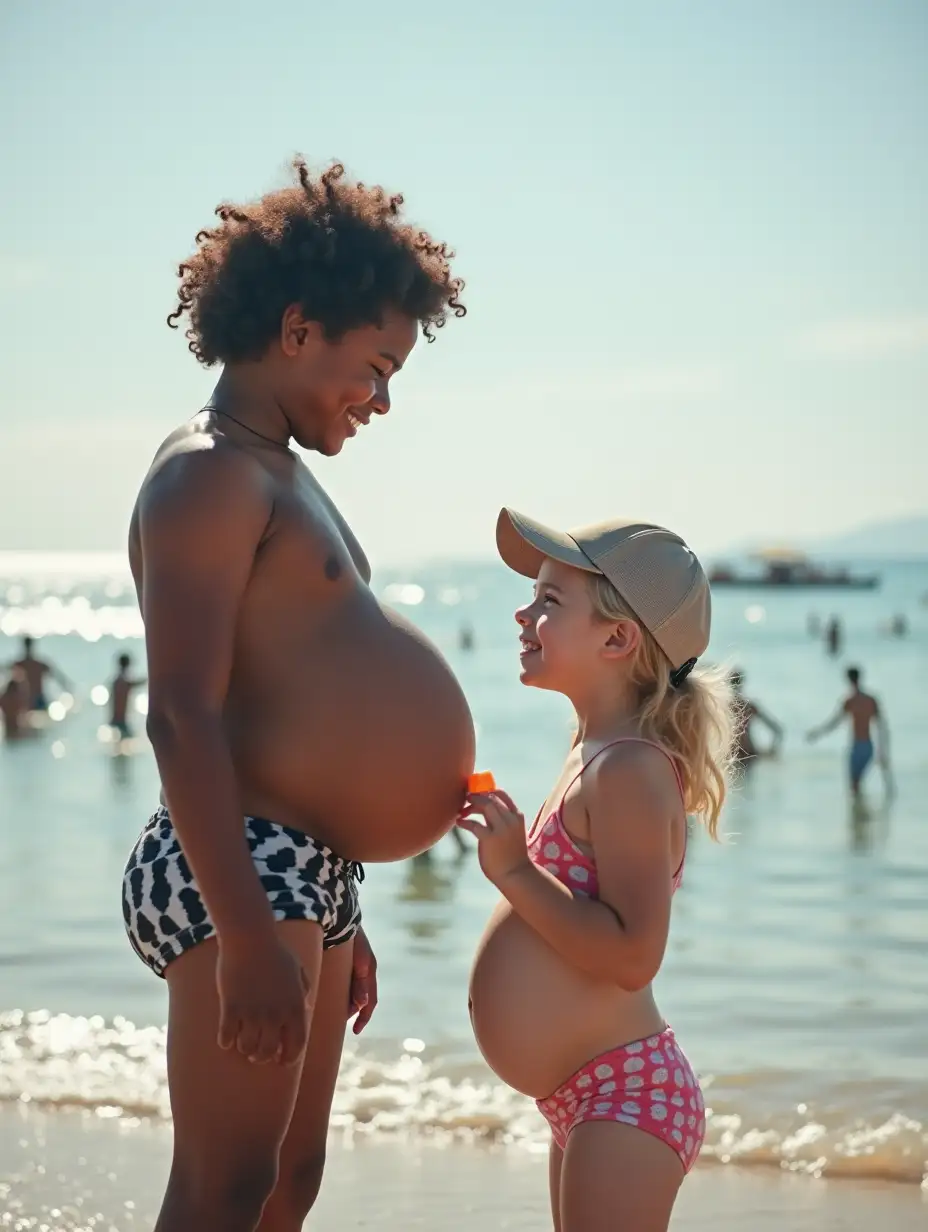 Young-Surfer-Boy-with-Inflated-Belly-and-Younger-Girl-at-Beach