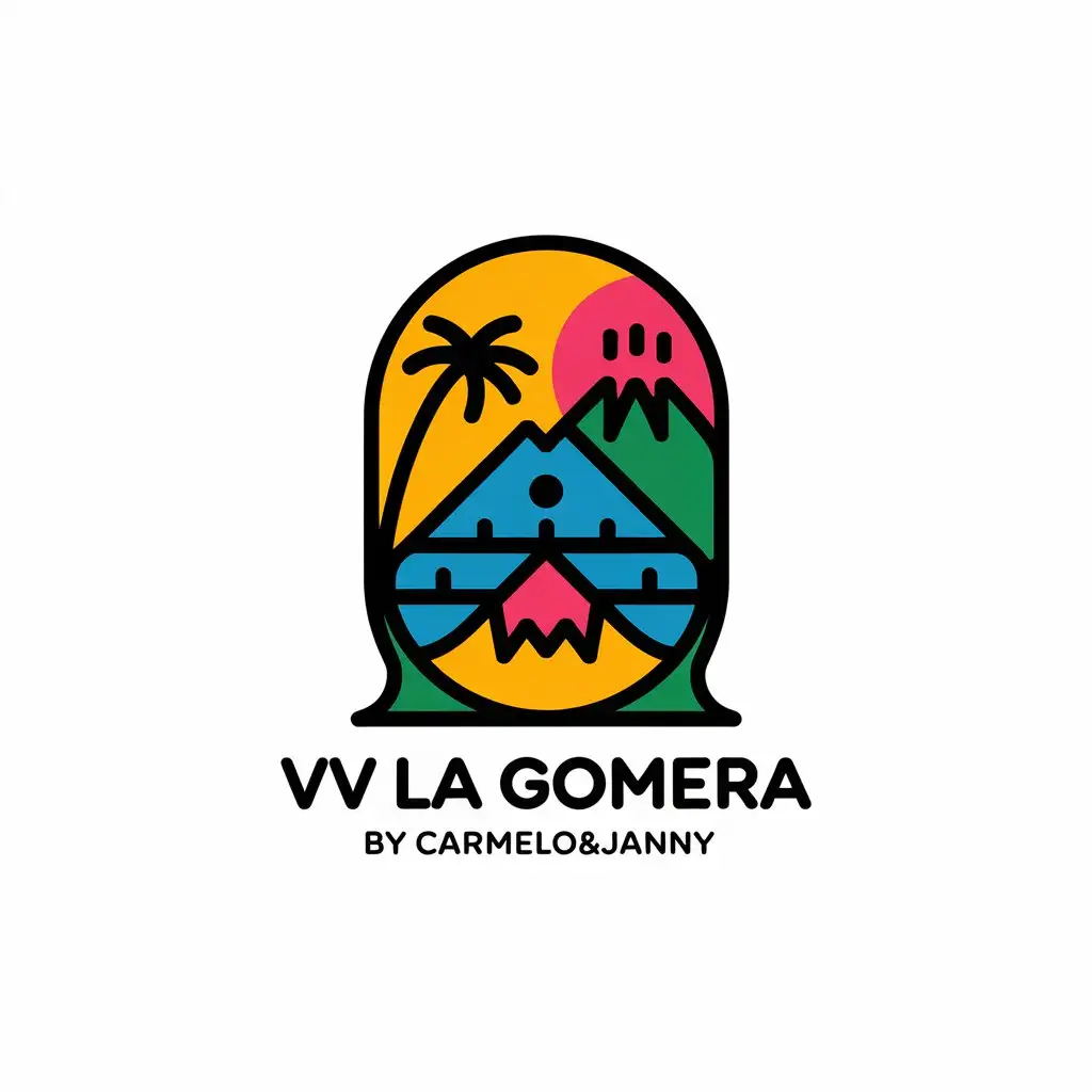 LOGO-Design-for-VV-LA-GOMERA-Vector-Logo-with-House-Palm-Tree-and-Volcano-Theme