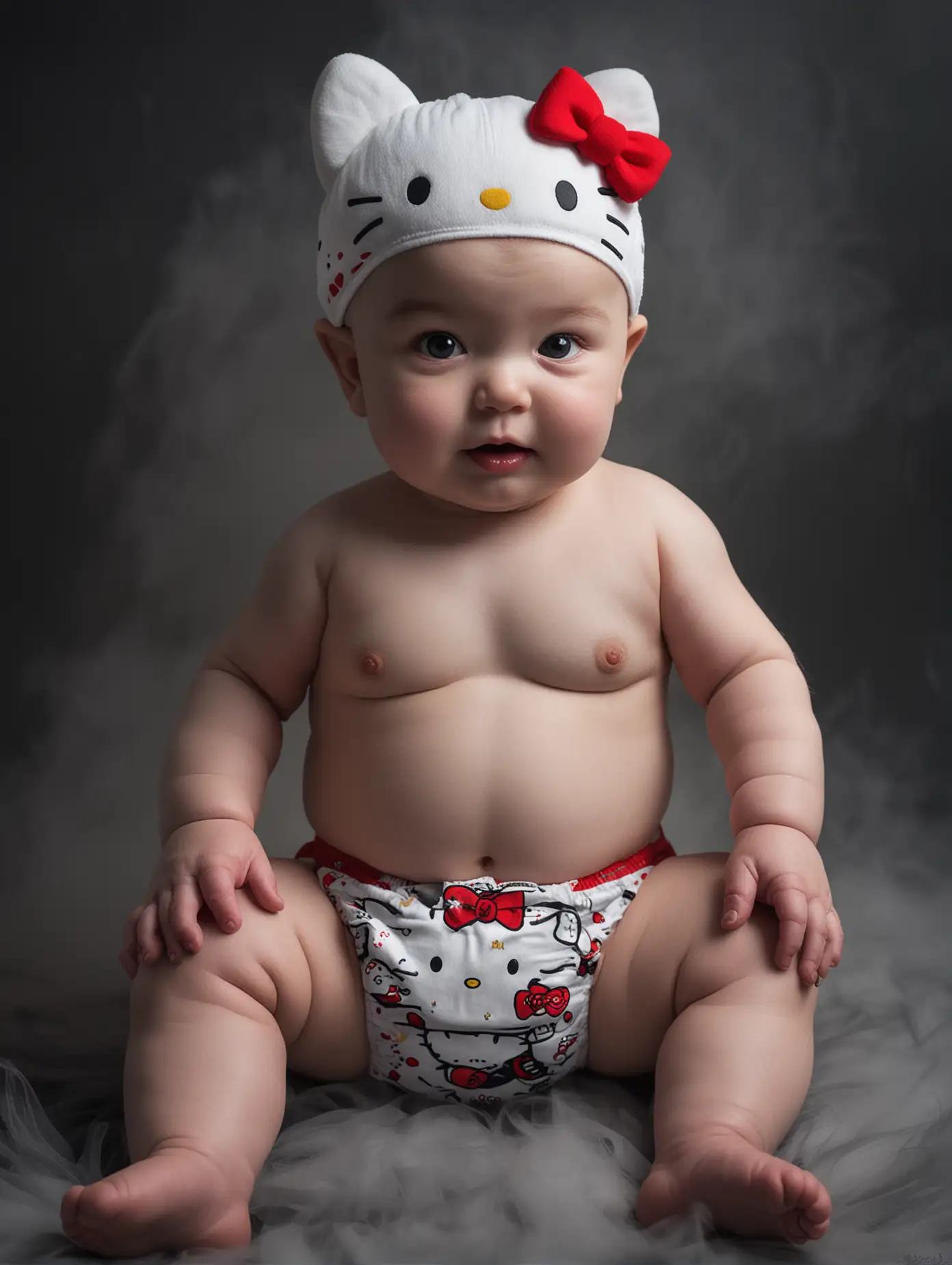 A chubby baby boy no hair bold wearing hello kitty diapers at the dark foggy smokey night with red puppil eyes