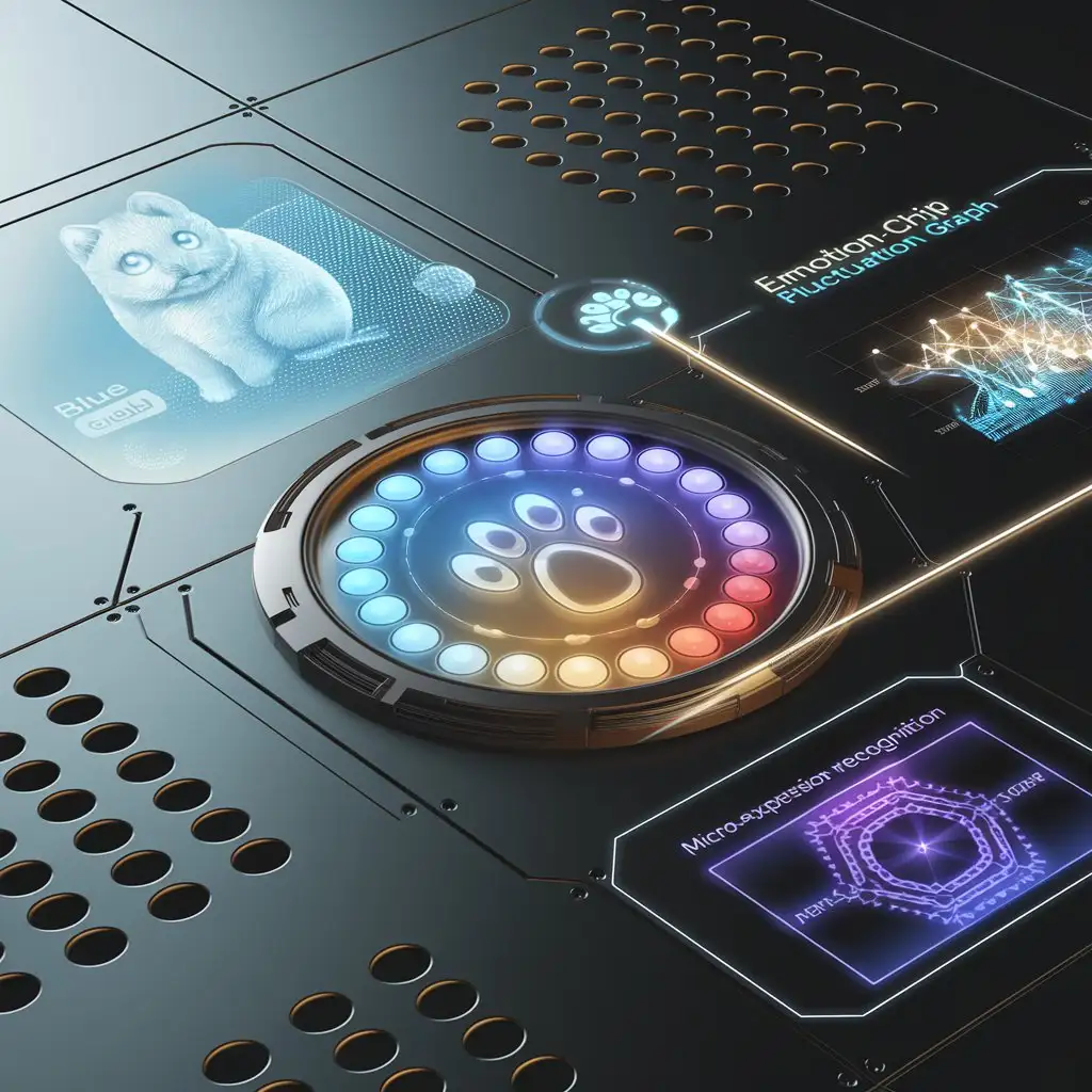 color-changing LED based on mood (blue=calm/orange=excited/purple=anxious), holographic pet avatar projection, emotion fluctuation graph, glowing neuro-chip pattern, micro-expression recognition indicator, ventilation holes design close-up