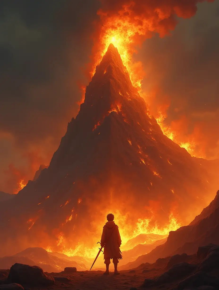 a mountain that is on fire and a boy is standing at the bottom with a 3 foot long sword double edged and his eyes are made of fire and he has clothes that have looks like they're on fire but they're not.