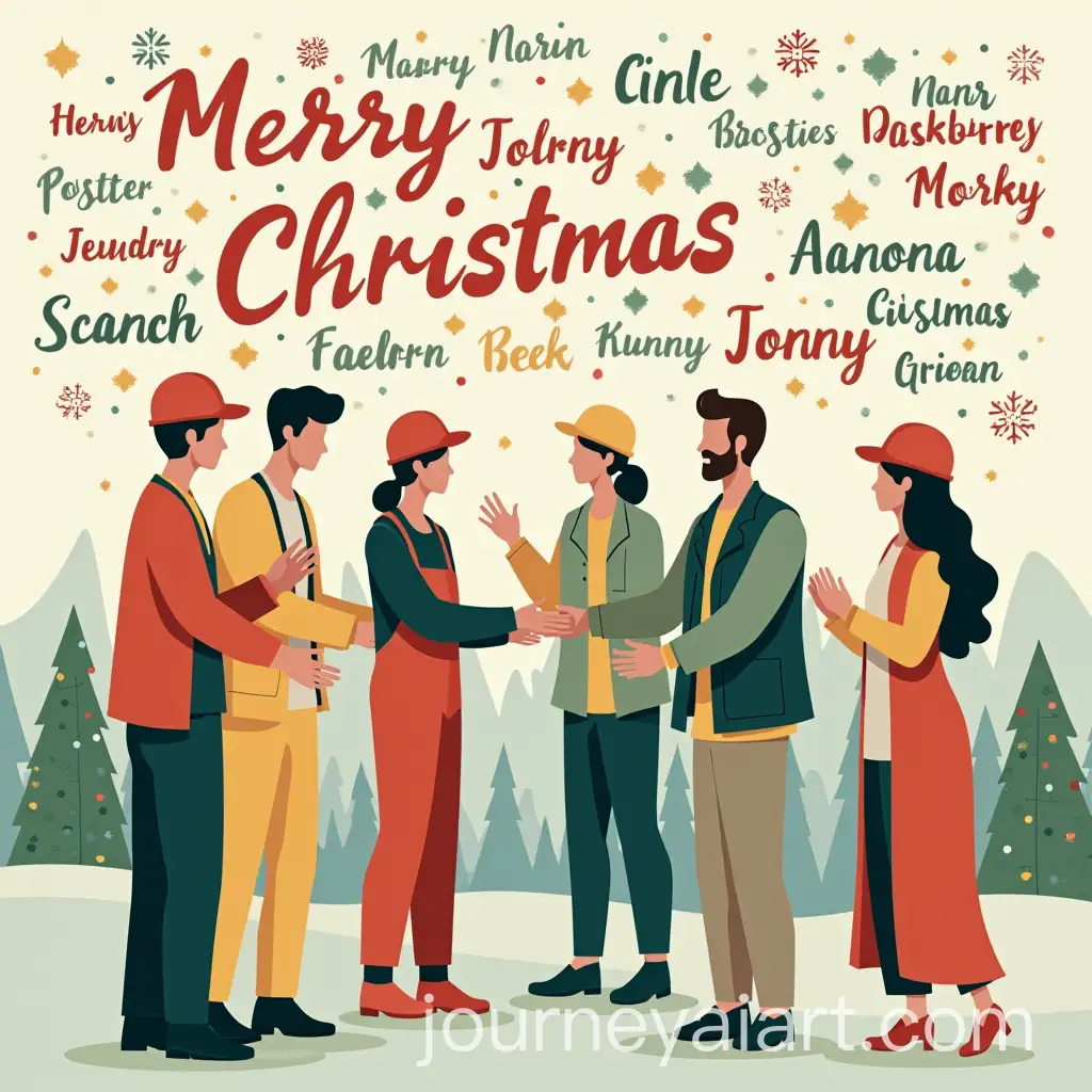 Workers-of-All-Professions-Exchanging-Christmas-Greetings-with-Multilingual-Merry-Christmas-Backdrop