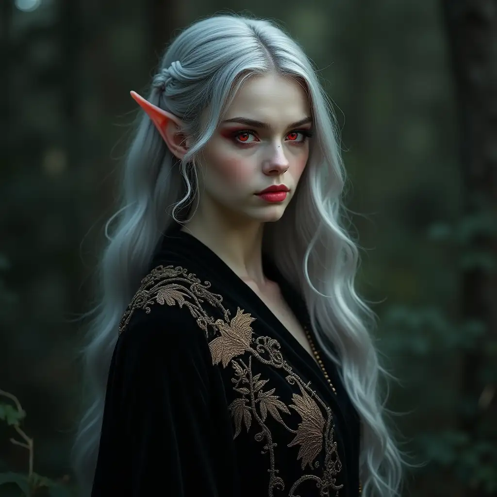 Imagine a lady of the elves who unites the grace of an elf, the darkness of a vampire and the wildness of a bear. Her long, silver hair flows like a waterfall over her shoulders, but her gaze is piercing and hypnotic with shining, blood-red eyes that reveal her vampire nature. Her skin is pale, almost transparent and her teeth are sharp and pointed, like those of a predator. Despite these dark signs she exudes undeniable elegance. Her robe is made of finest black velvet that shimmers in moonlight and is adorned with golden embroidery depicting forms of bears and bats.