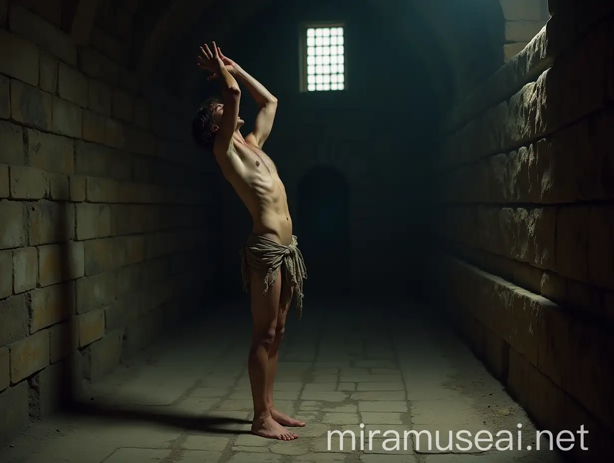 A low angle, full body shot of an extremely lean, handsome young man, about 18 years old, standing barefoot on his toes on a cold, dirty stone floor in a dimly lit, wide ancient vault. His body is positioned to the left, showing his right side, his head bowed humbly, gazing at the floor, his long, tousled hair unkempt. His slender, delicate frame glistens with sweat. He wears a ragged, torn and ripped loincloth, thin with age, barely covering his dirty body. His expression is desperate, begging and fearful, accentuating his vulnerability. He stretches his arms upright in the air, above his head, as much as possible crossing his wrists. The damp prison walls, thick with dust, dirt, and cobwebs, heighten the oppressive atmosphere. Faint light filters through a small grated window, casting dramatic shadows across the scene. The dramatic interplay of light and shadow focuses on extreme realism, capturing the suffering of the young man and the harshness of his environment, with vivid colors and meticulous attention to every agonizing detail. Shot with a Nikon Z7 II, 50mm f/1.4 lens, shallow depth of field.