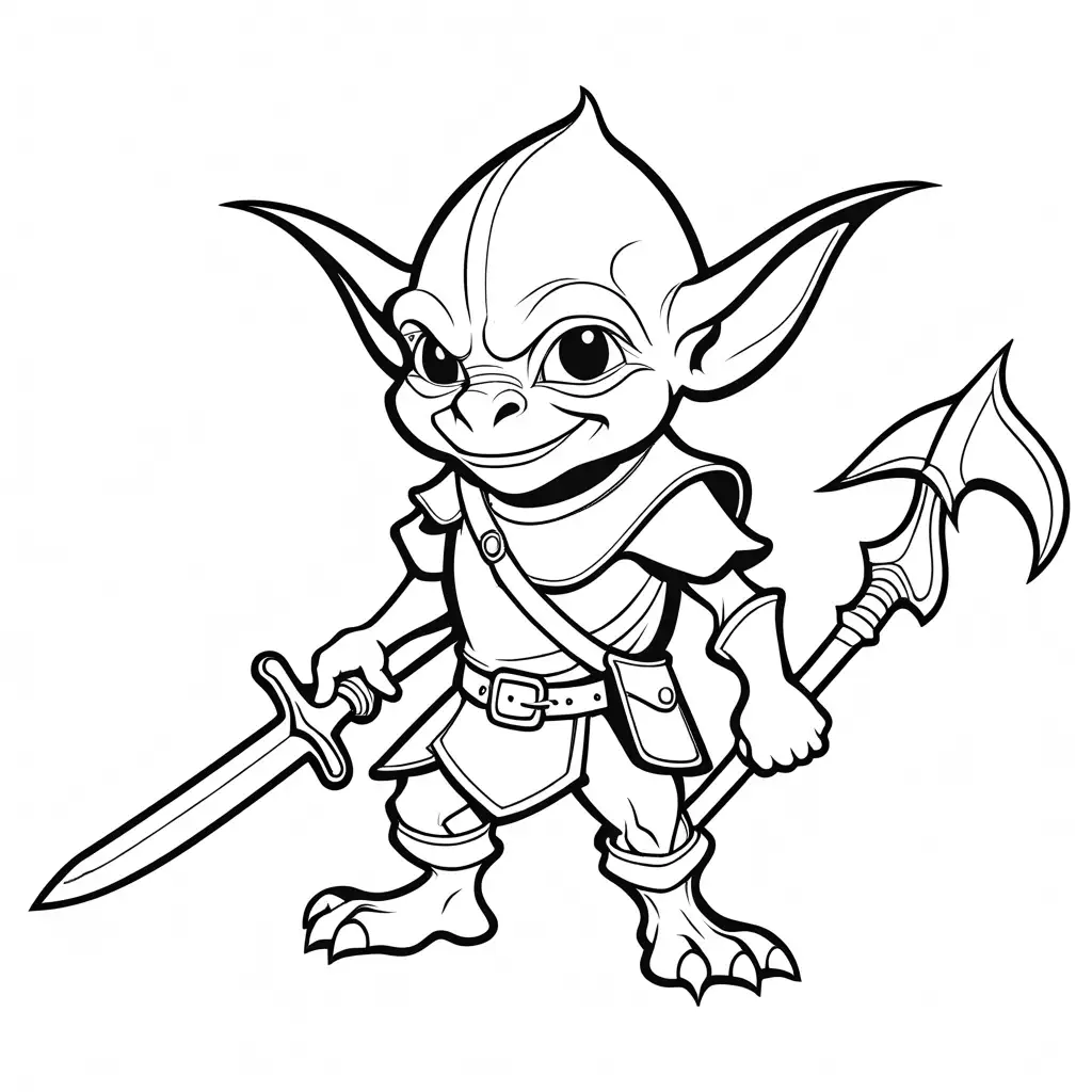 very simple goblin with dagger, Coloring Page, black and white, line art, white background, Simplicity, Ample White Space. The background of the coloring page is plain white to make it easy for young children to color within the lines. The outlines of all the subjects are easy to distinguish, making it simple for kids to color without too much difficulty