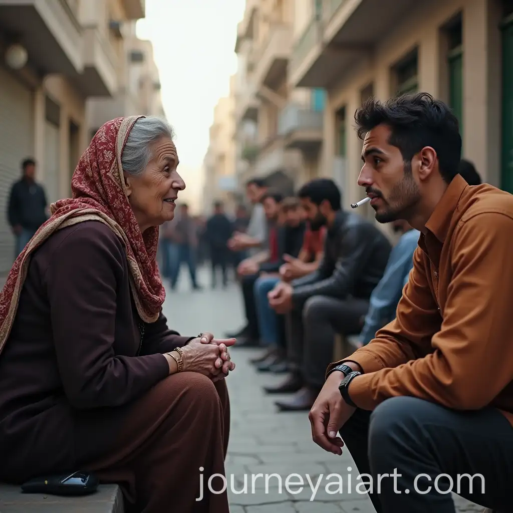 Old-Lady-Conversing-with-Young-Man-in-Busy-Arab-City-Street