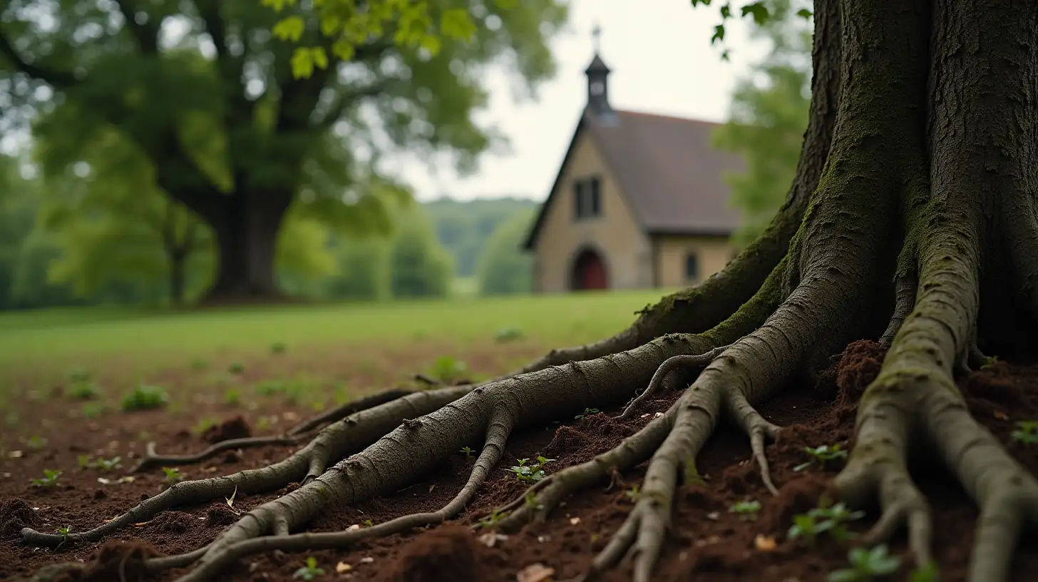 a close up view of the deep roots of a tree intertwining in rich soil. and in the blurry background an old stone church with a cross on the roof