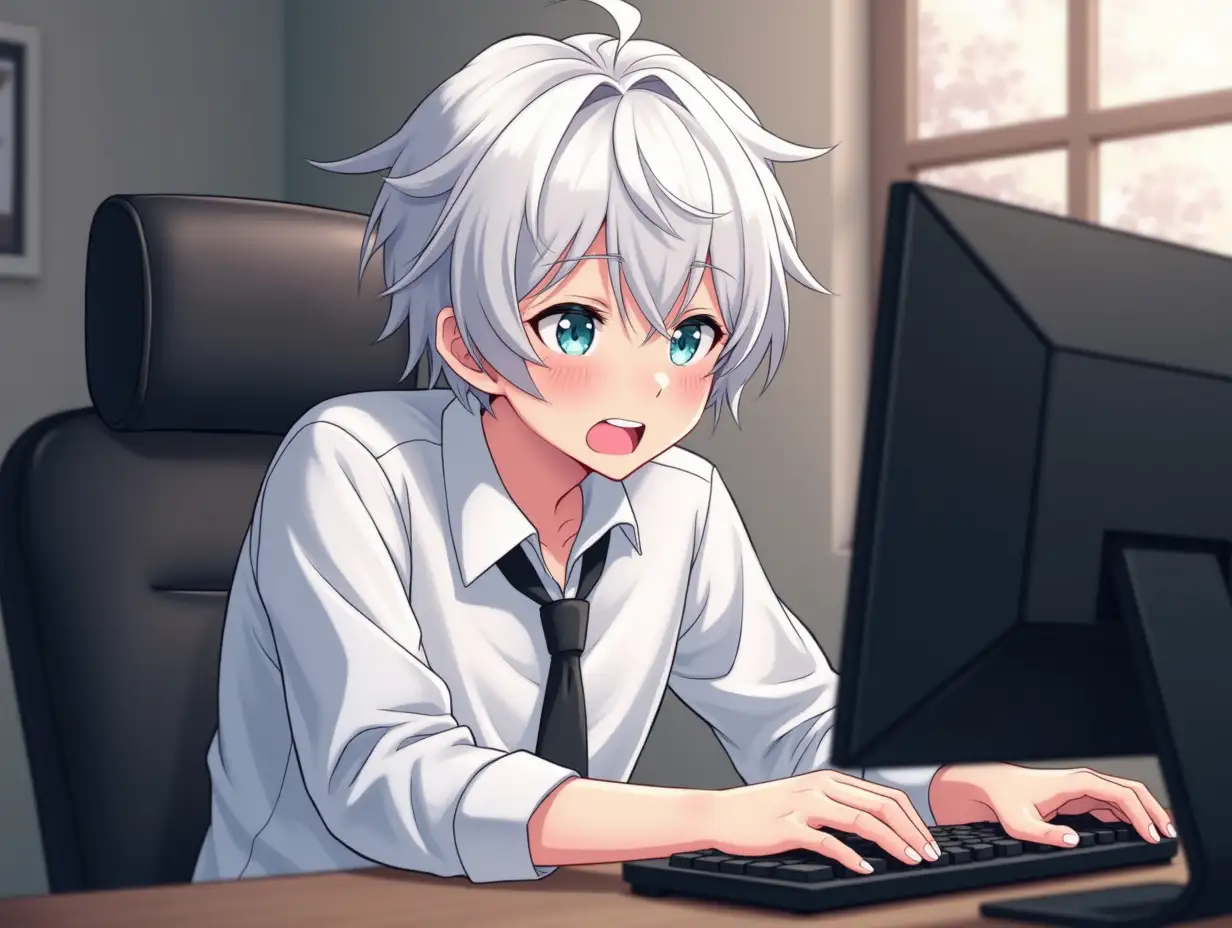 A boy in a white shirt of highschool, white hair and a red tie is making expressions, how if was sitting from his gamer  computer. A anime style.