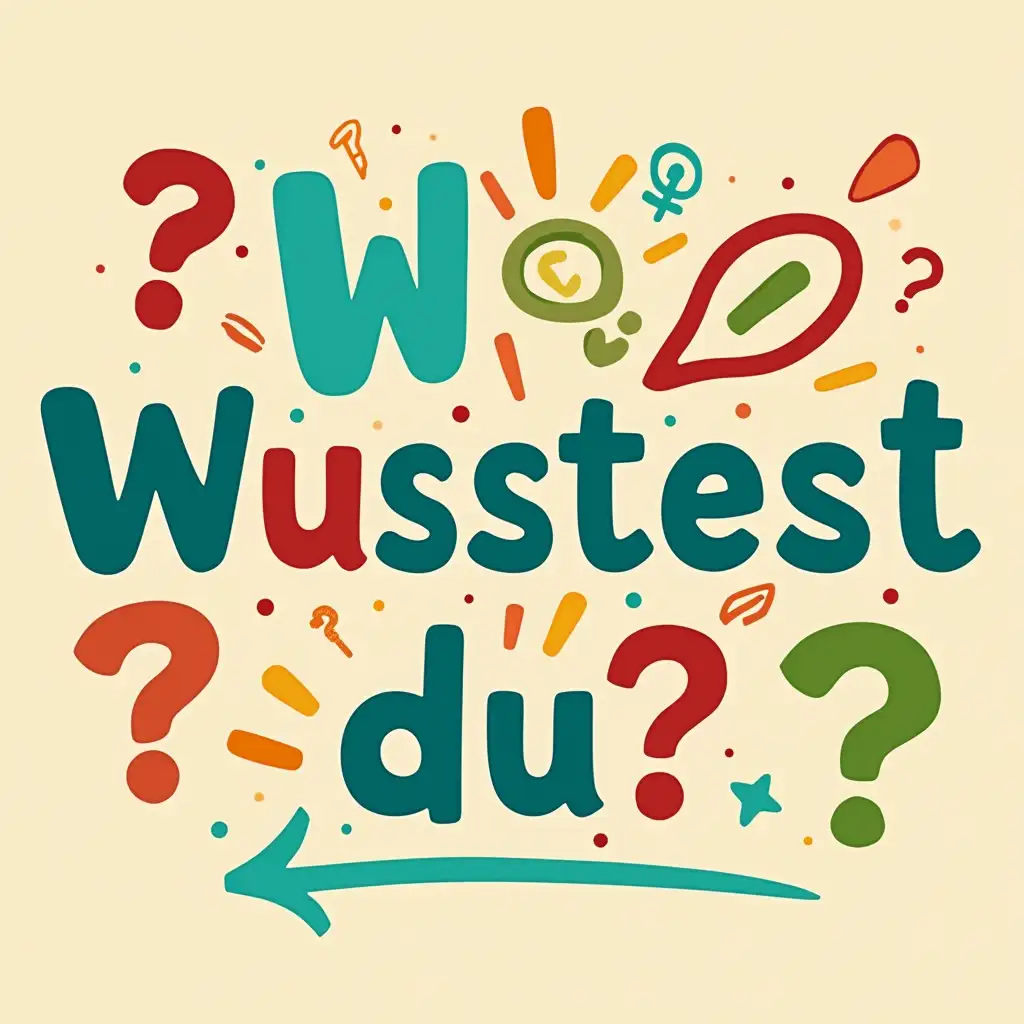 Create a happy and inviting profile picture for the YouTube channel 'Wusstest du?'. The letters of the channel name 'Wusstest du?' should appear on the image in a modern, clear and cheerful font. The text should be easily readable and in bright, lively colors to create a positive mood. The background should also be colorful and appealing, perhaps with playful elements such as question marks or symbols that spark curiosity. The design should convey a friendly, curious atmosphere.